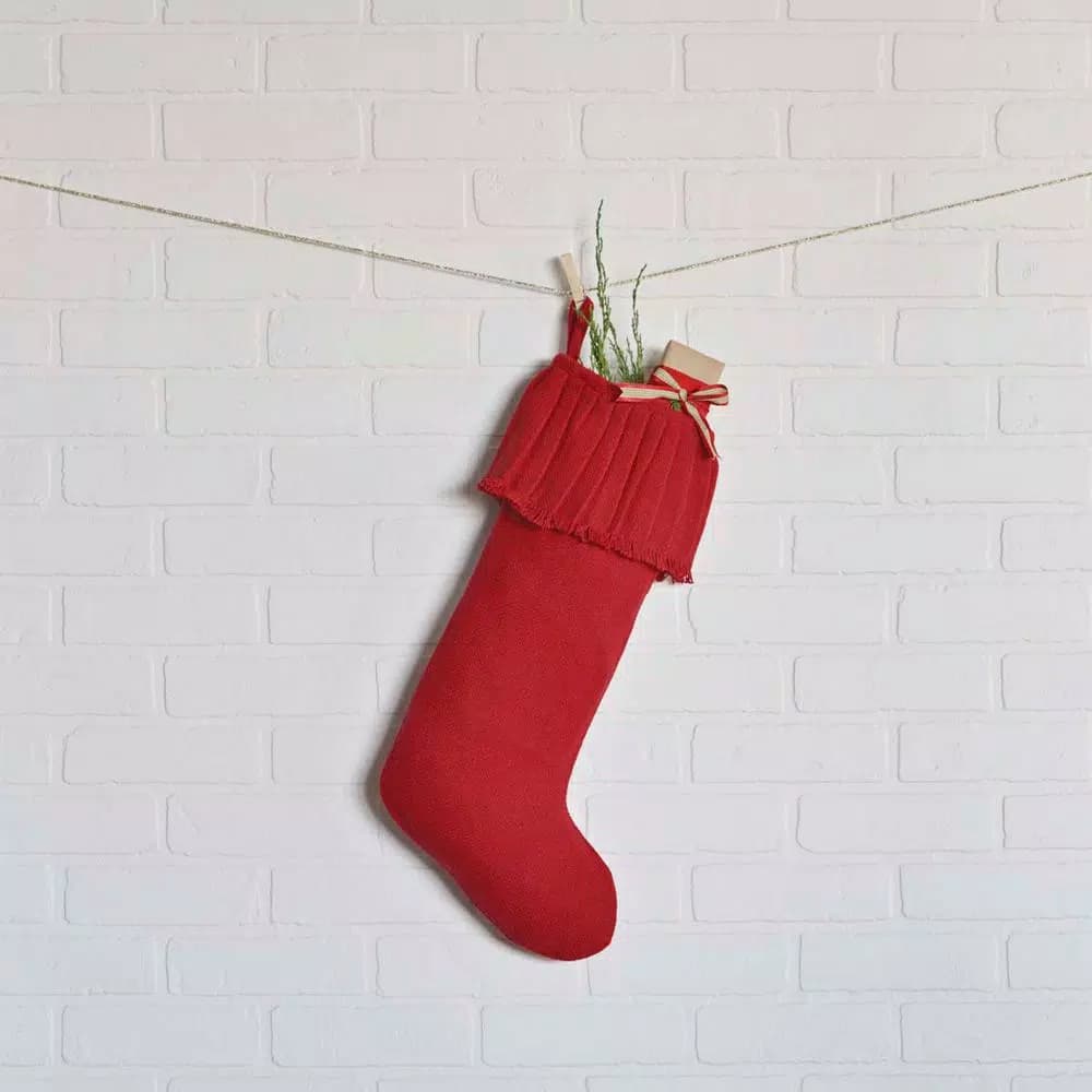 VHC Brands 20 in. Red Cotton Burlap Ruffled Christmas Stocking - Farmhouse Holiday Decor