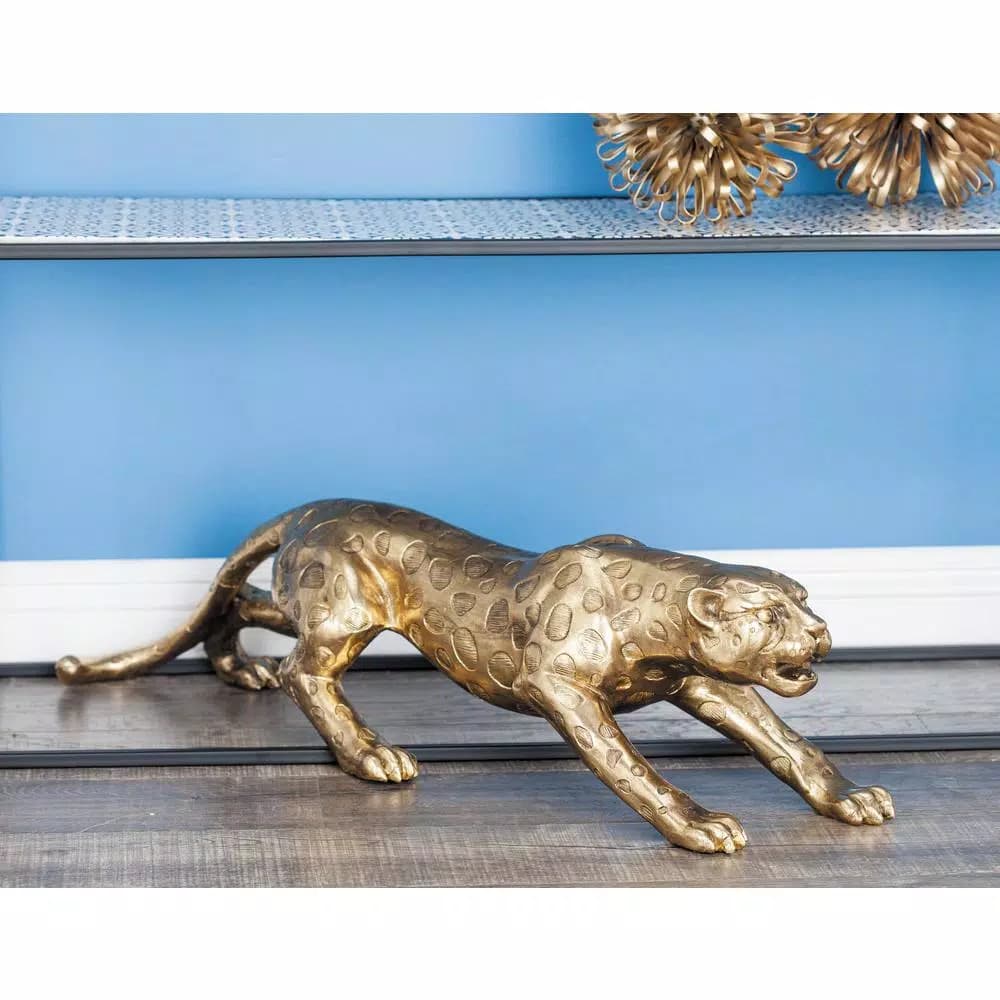 LITTON LANE 34 in. Wild Life Leopard Sculpture in Polished Gold Polystone