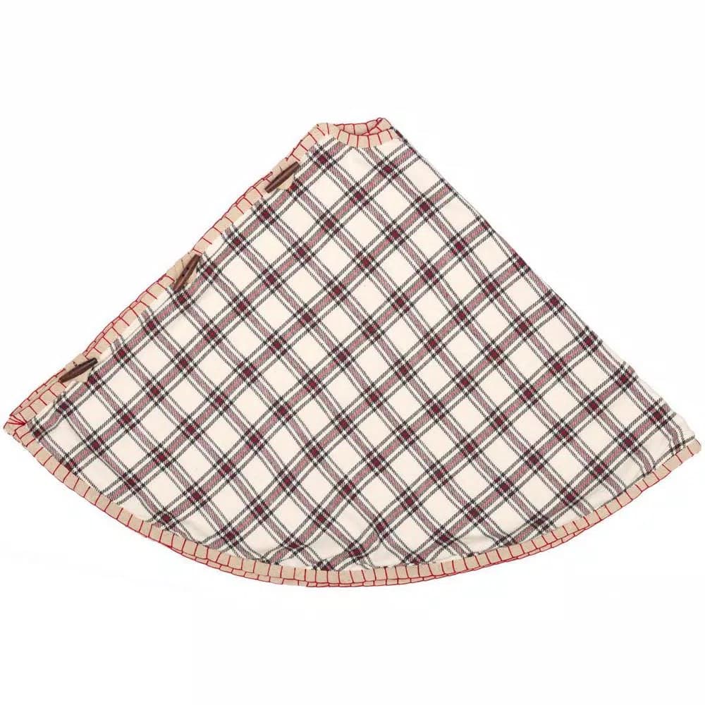 VHC Brands 48 in. Amory Ivory White and Brick Red Plaid Farmhouse Christmas Tree Skirt