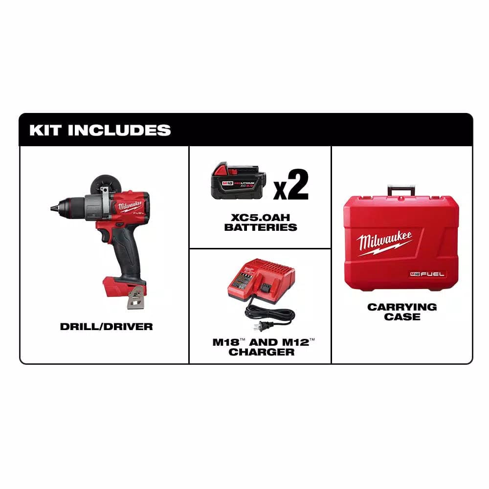 Milwaukee M18 FUEL 1/2 in. Brushless Cordless Drill/Driver Kit with (2) 5.0 Ah Batteries, Charger, and Hard Case