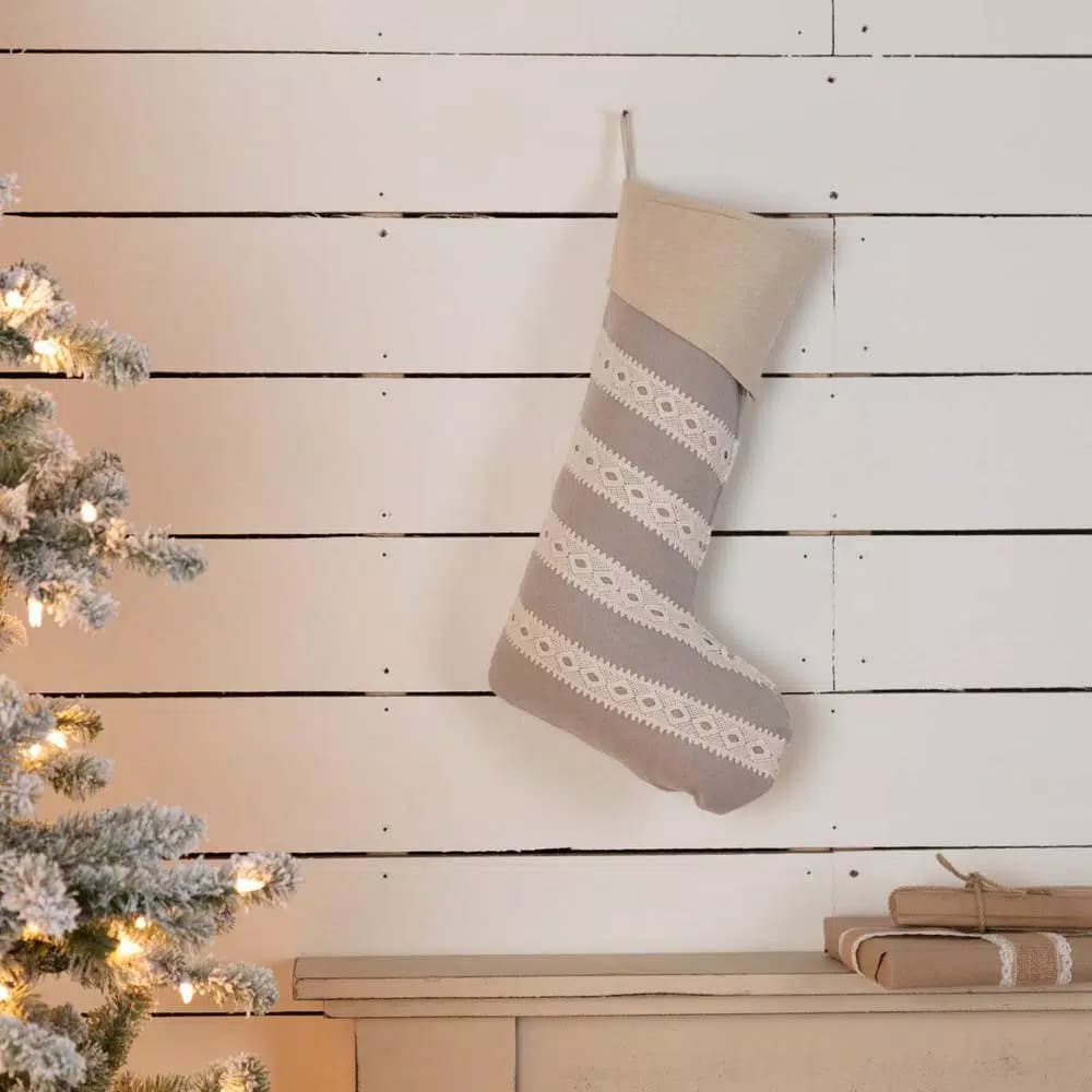 VHC Brands 20 in. Grey Margot Farmhouse Christmas Stocking with Diamond Pattern Lace
