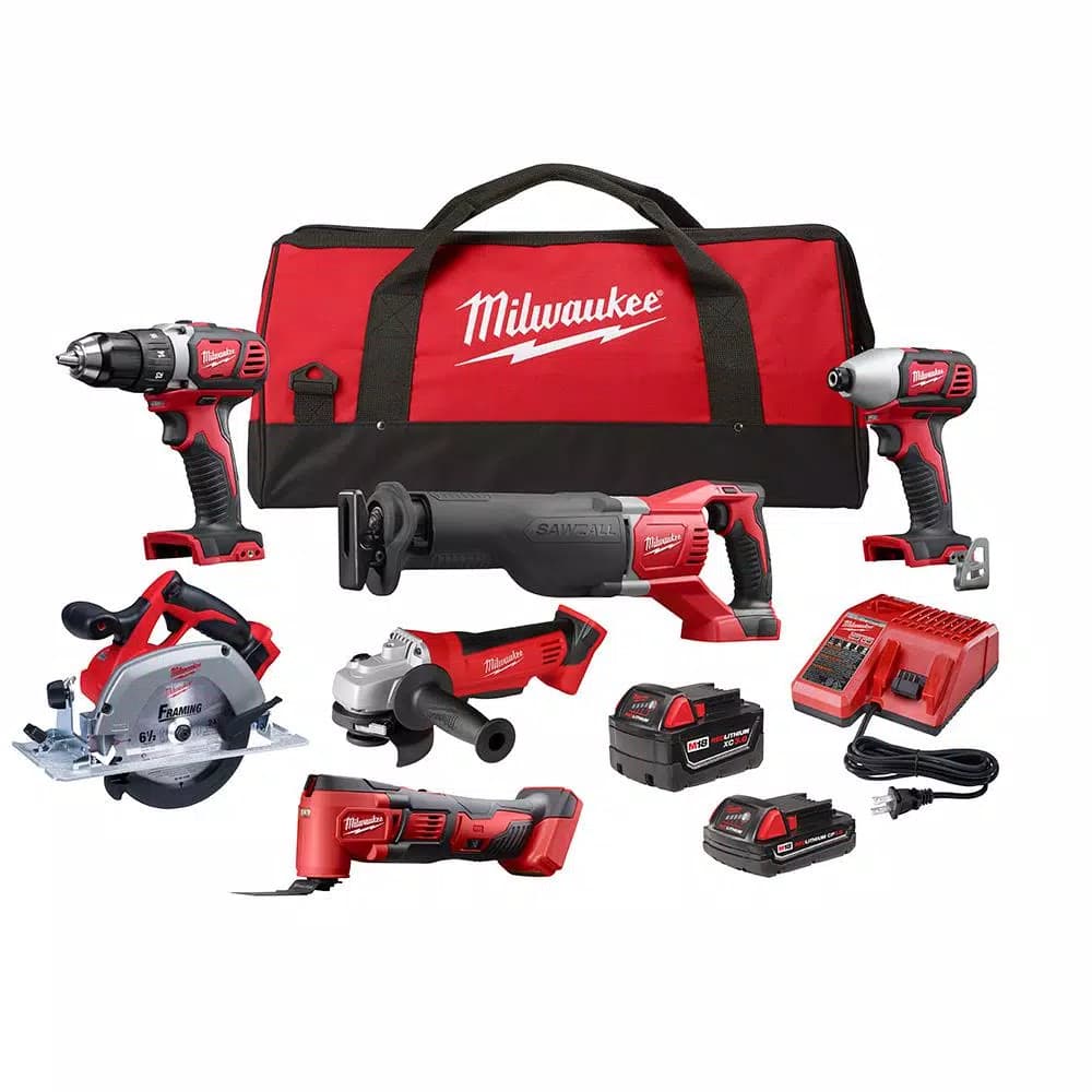 Milwaukee M18 18V Lithium-Ion Cordless 6-Tool Combo Kit with 2 Batteries, Charger and Tool Bag