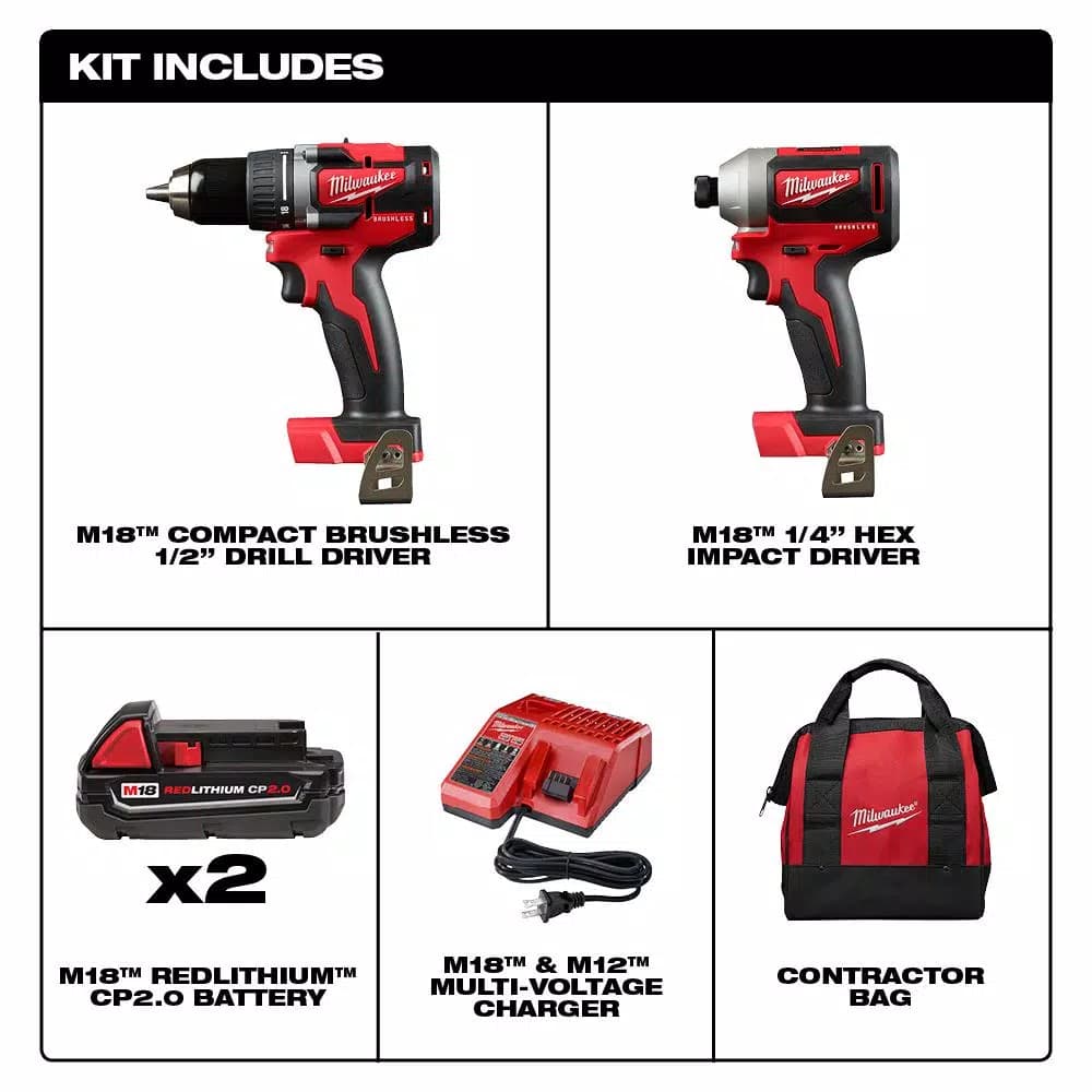 Milwaukee M18 18V Brushless Cordless Compact Drill and Impact Driver Combo Kit (2-Tool) with (2) 2.0Ah Batteries