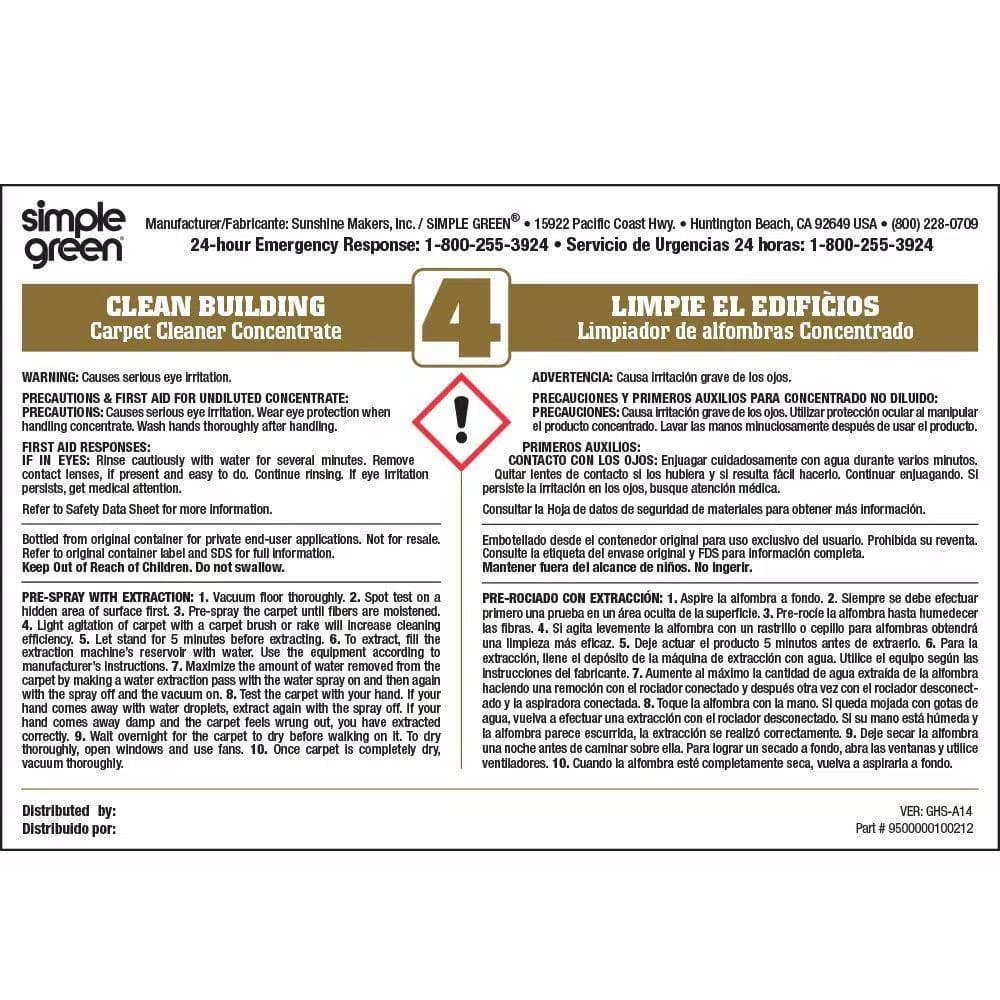 Simple Green Clean Building Carpet Cleaner Secondary Labels, Bilingual, 10-Pack
