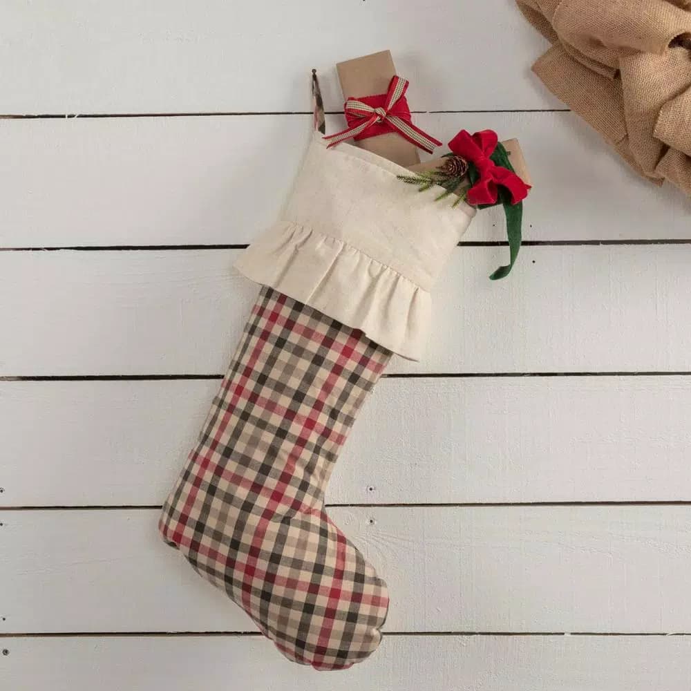 VHC Brands 20 in. Hollis Ivory White Farmhouse Christmas Decor Plaid Stocking, Red Green & Ivory