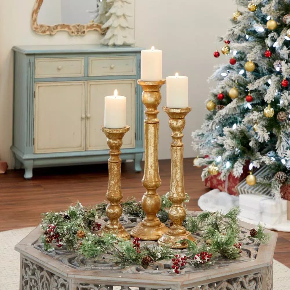 LITTON LANE Golden Mango Wood Candle Holder Set, Set of 3, Distressed Gold Finish