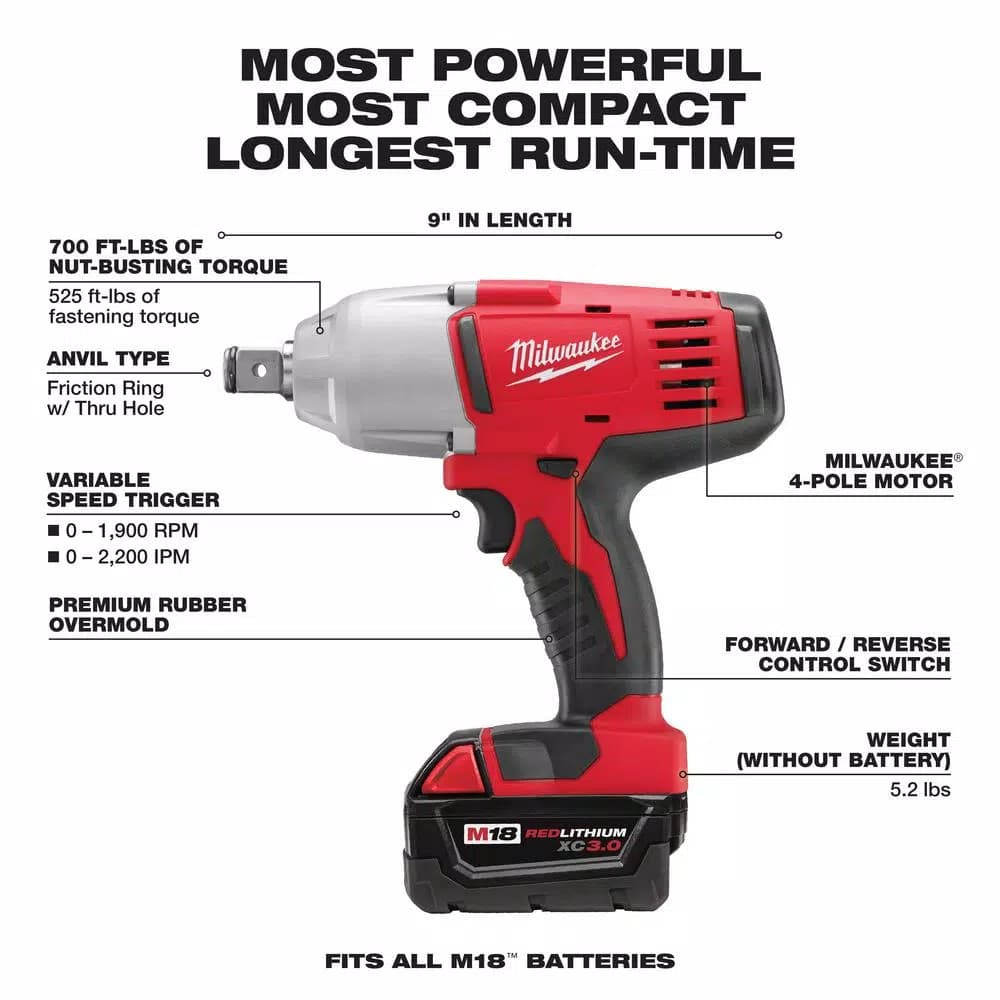 Milwaukee M18 18V Cordless 3/4 in. High-Torque Impact Wrench Kit with (2) 3.0Ah Batteries, Charger, and Hard Case