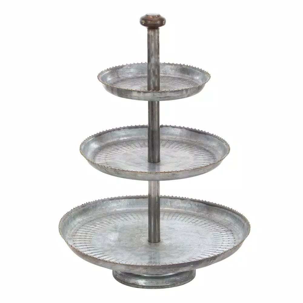 LITTON LANE 3-Tier Farmhouse Iron Cake Stand, Galvanized Gray Metallic Finish