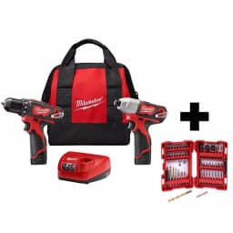 Milwaukee M12 12V Lithium-Ion Cordless Drill/Driver and Impact Driver 2-Tool Combo Kit with 2 Batteries and Bit Set thumbnail 1