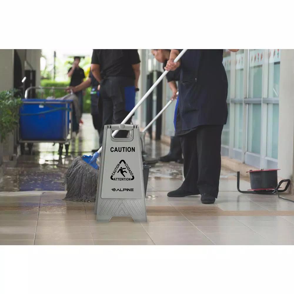 Alpine Industries 24 in. Gray Bilingual Wet Floor Sign, Two-Sided A-Frame Safety Sign