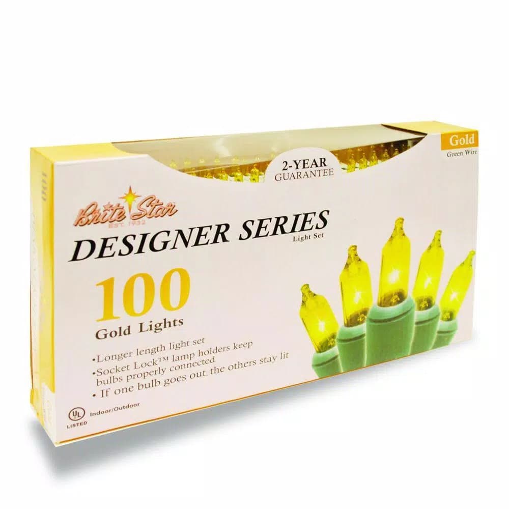 Brite Star 100-Light Gold Mini Christmas Lights, Incandescent, Green Wire (Box of 2)