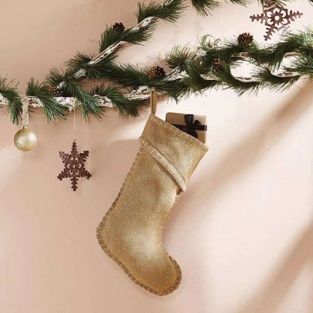 VHC Brands Nowell Farmhouse 15 in. Natural Burlap Christmas Stocking with Silver Metallic Whip Stitching