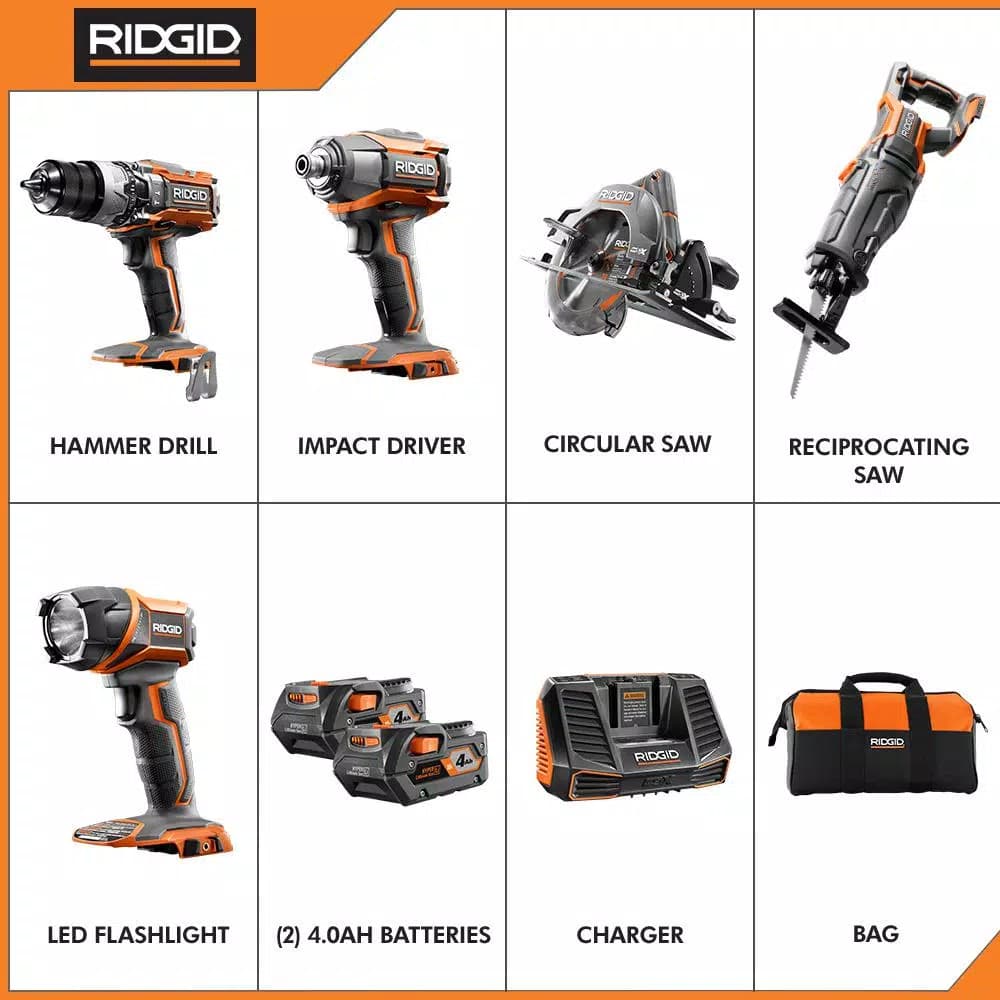 RIDGID 18V Lithium-Ion Cordless 5-Tool Combo Kit with (2) 4.0 Ah Batteries and Contractor's Bag