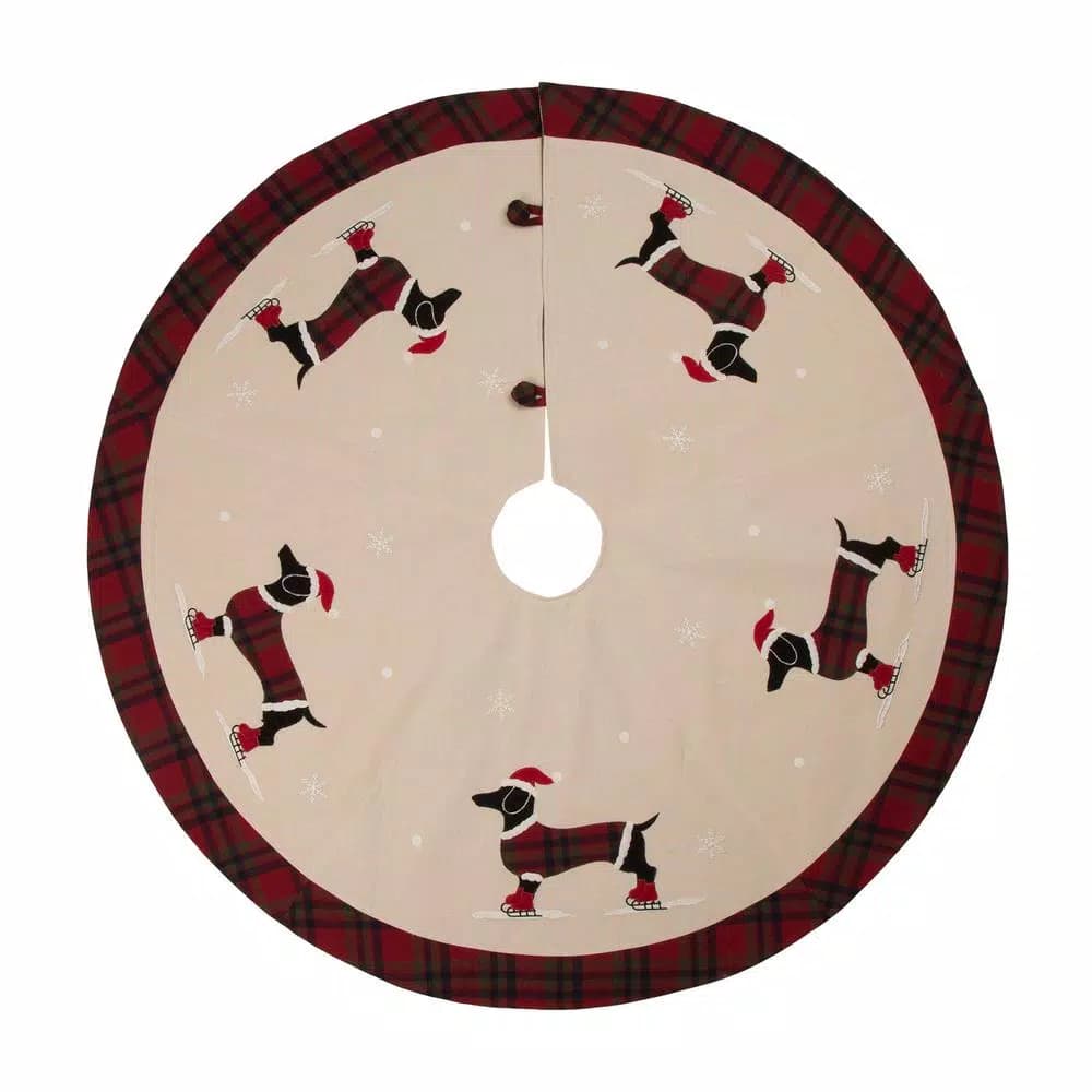 Glitzhome 48 in. Dachshund Embroidered Fabric Christmas Tree Skirt with Red Plaid Edge