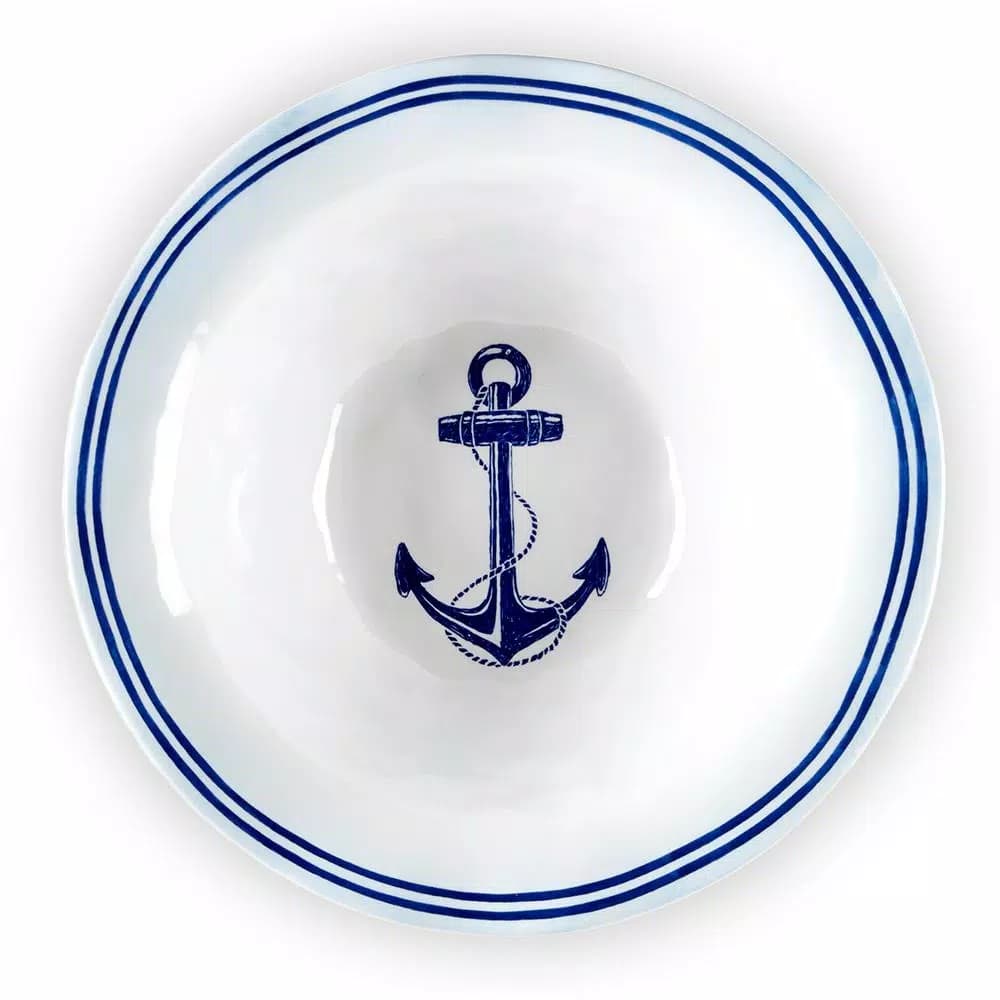 Q Squared Portsmouth 12 in. Melamine Serving Bowl - Coastal Blue Anchor & Compass Design