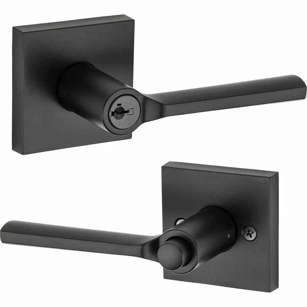 Kwikset Lisbon Square Matte Black Keyed Entry Door Lever with SmartKey Security