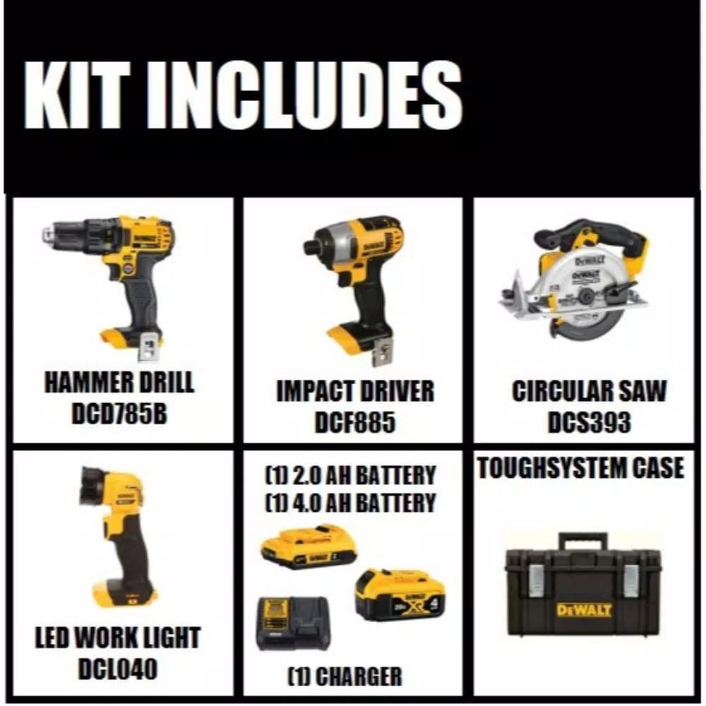 DEWALT 20V MAX Lithium-Ion Cordless 4-Tool Combo Kit with TOUGHSYSTEM Case, 2Ah & 4Ah Batteries