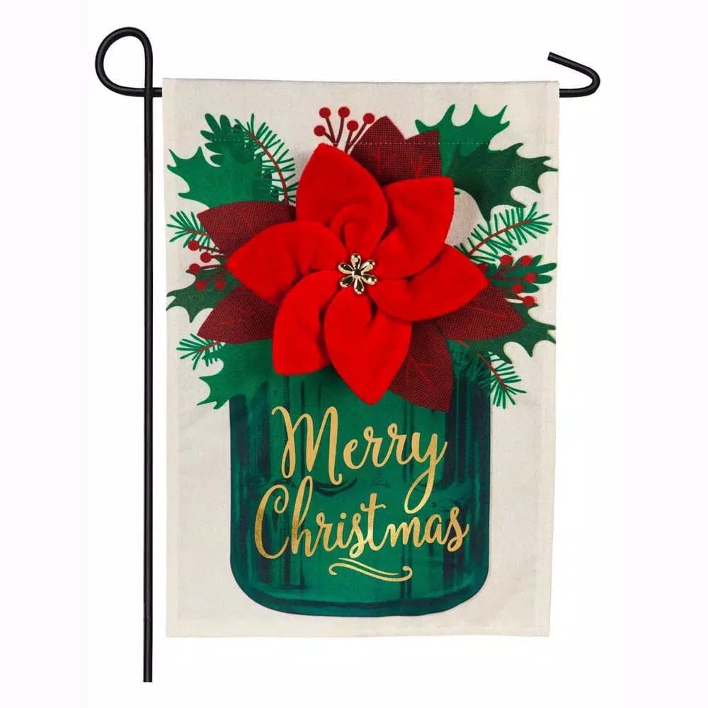 Evergreen Poinsettia Mason Jar Garden Linen Flag, 18 in. x 12.5 in. Double-Sided Christmas Flag