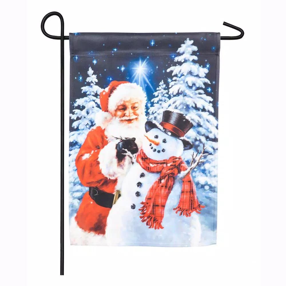 Evergreen Santa Builds A Snowman Christmas Garden Flag, 18 x 12.5 in. Satin Double-Sided