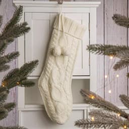 Glitzhome 24 in. White Knitted Polyester Christmas Stocking with Pom Pom Balls thumbnail 5