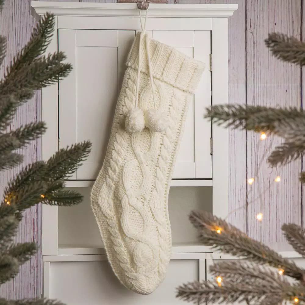 Glitzhome 24 in. White Knitted Polyester Christmas Stocking with Pom Pom Balls