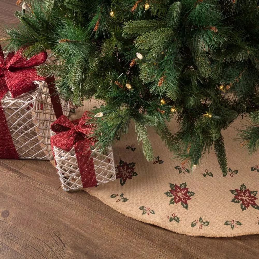 VHC Brands 48 in. Jute Burlap Poinsettia Tree Skirt - Natural Tan Holiday Decor