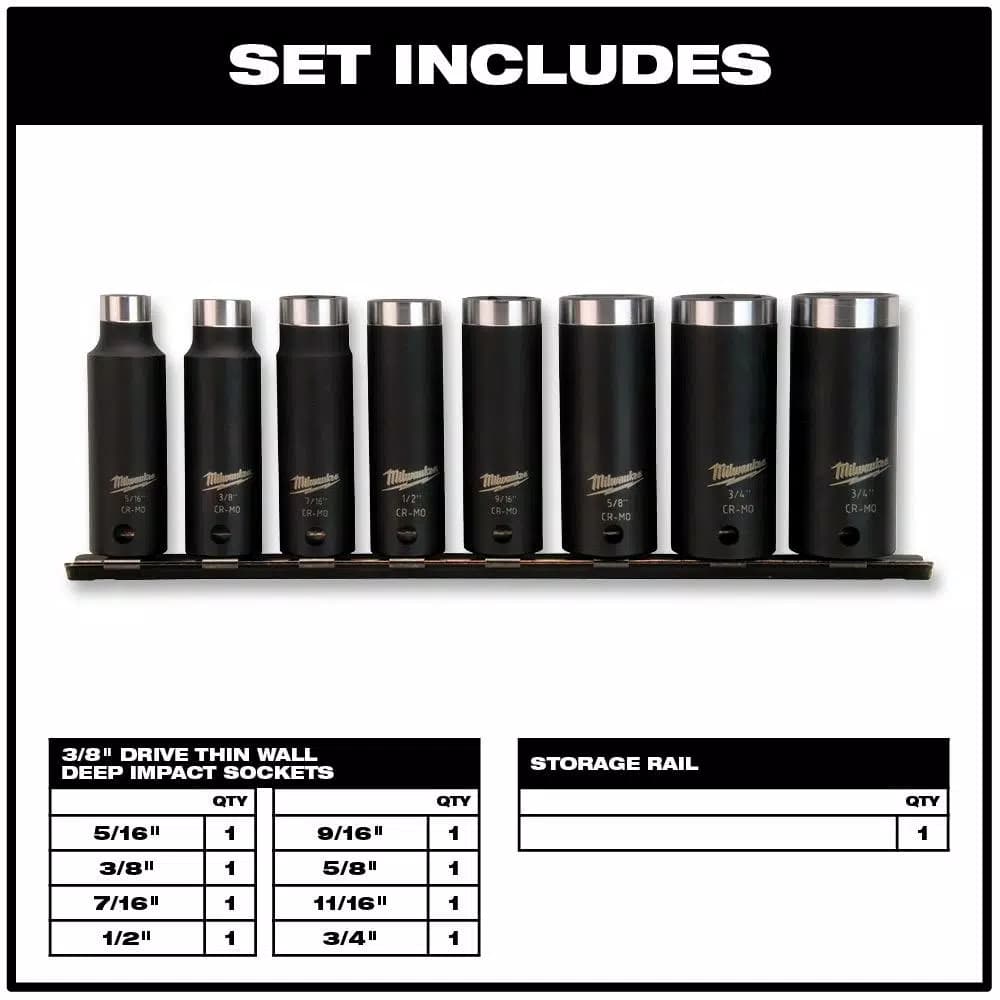 Milwaukee SHOCKWAVE 3/8 in. Drive SAE Deep Well Impact Socket Set, 8-Piece