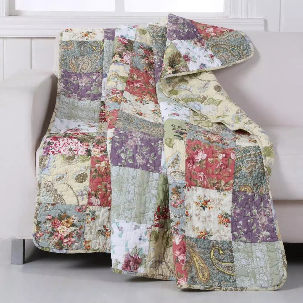 Greenland Home Fashions Blooming Prairie Multi Color Quilted Cotton Throw, Floral Patchwork Design