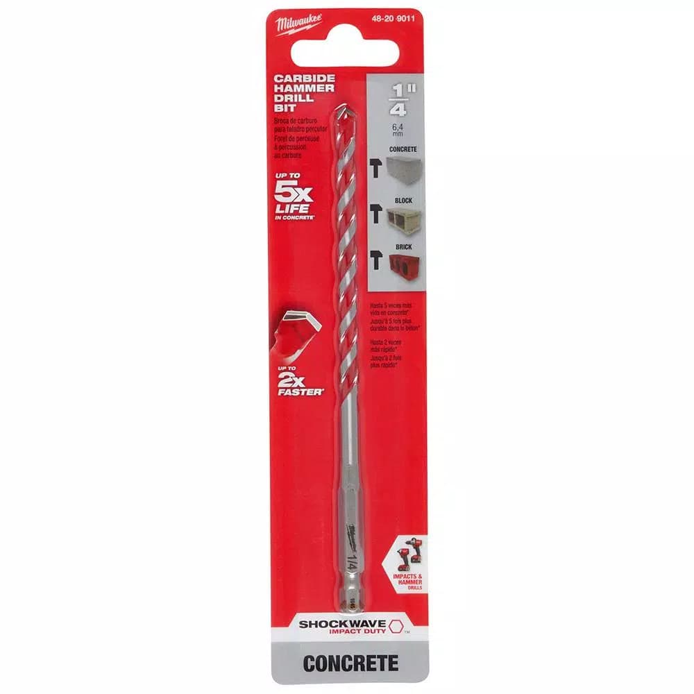 Milwaukee SHOCKWAVE 1/4 in. Carbide Hammer Drill Bit for Concrete, Stone, and Masonry