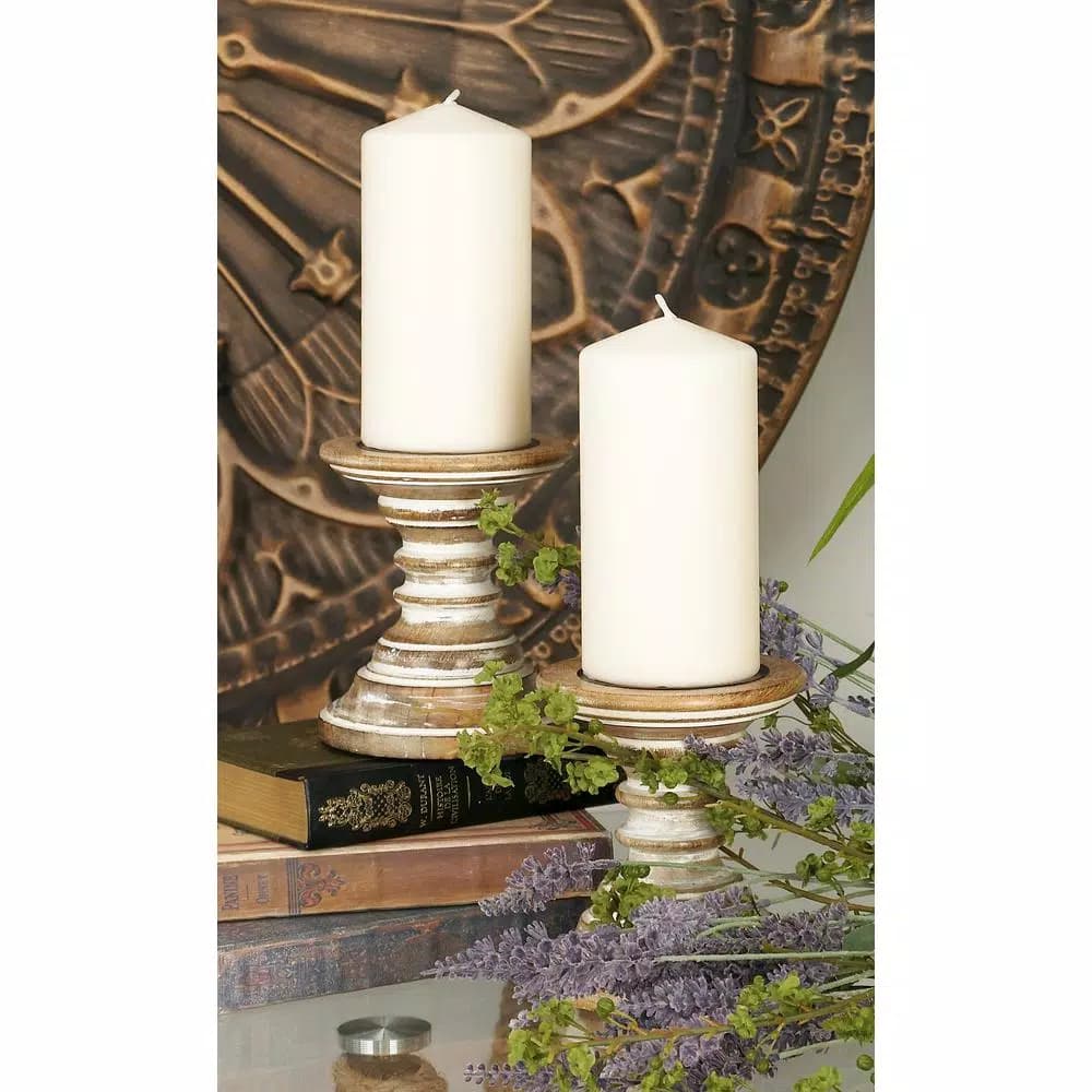 LITTON LANE 6 in. Mango Wood Tapered Candle Holders, Set of 2, Oak Brown & Beige