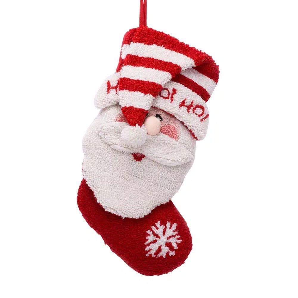Glitzhome 20 in. Handmade Hooked Christmas Stocking with 3D Santa Design - Red & White