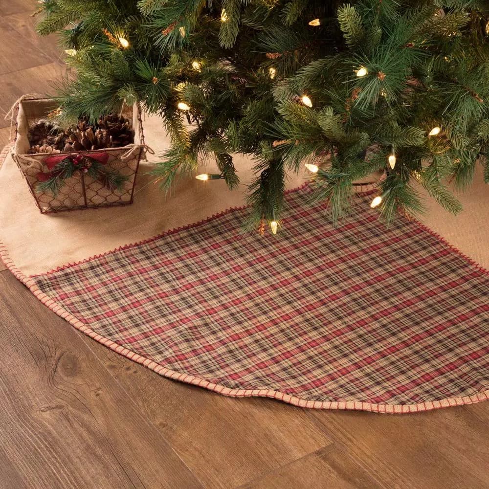 VHC Brands 55 in. Clement Natural Tan and Red Plaid Rustic Christmas Tree Skirt