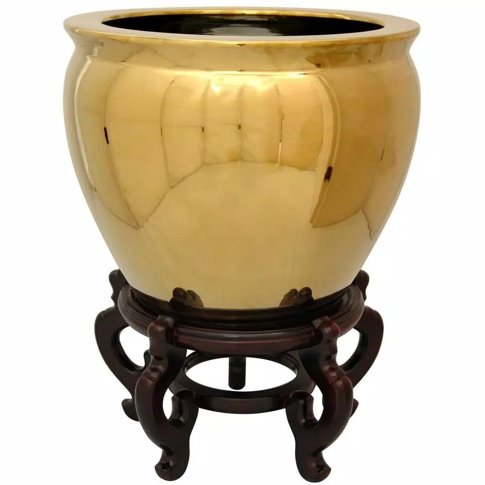 Oriental Furniture 14 in. Solid Gold Porcelain Fishbowl Decorative Vase