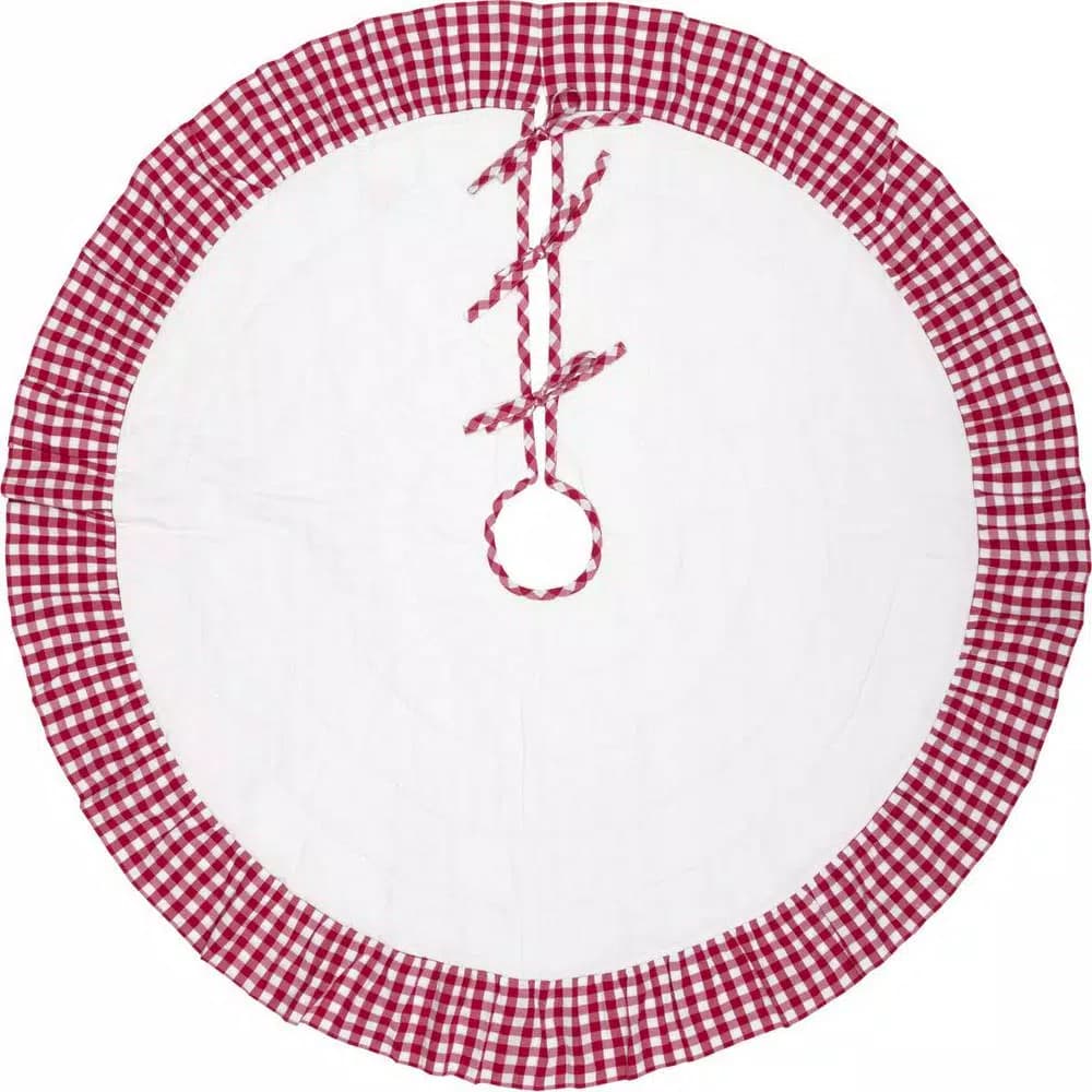 VHC Brands 48 in. Red Emmie Farmhouse Christmas Tree Skirt - Hand-Quilted Cotton with Ruffled Check Trim