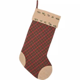 VHC Brands 20 in. Jute Burlap Poinsettia Christmas Stocking - Red Tartan Plaid & Rustic Decor thumbnail 1