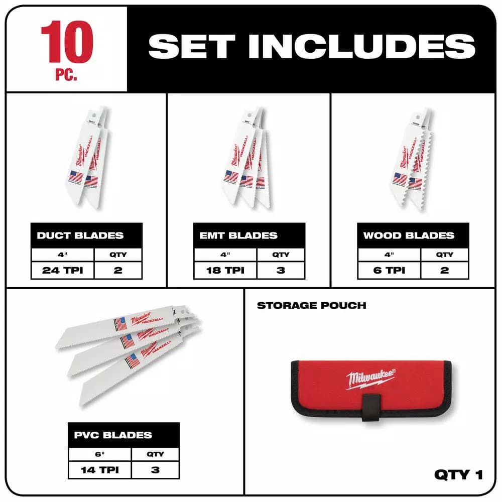 Milwaukee M12 HACKZALL Bi-Metal Reciprocating Saw Blade Kit, 10-Piece with Storage Pouch