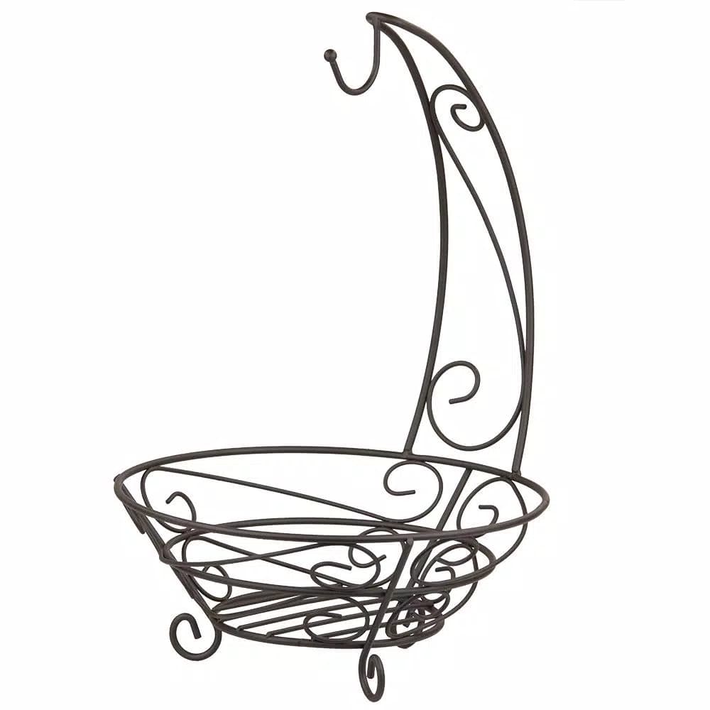 Home Basics Bronze Fruit Basket with Banana Tree Stand, Elegant Scroll Design Steel Fruit Bowl