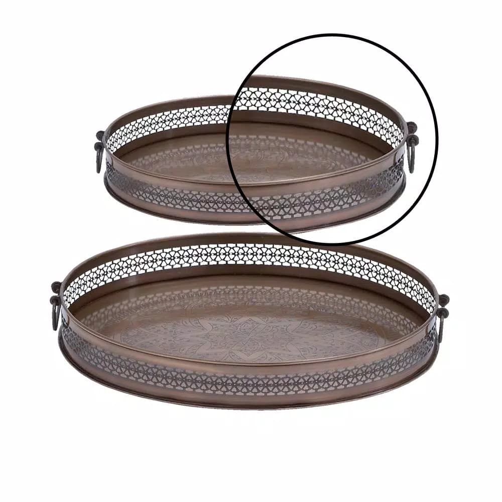 LITTON LANE New Traditional Metallic Latticed Iron Oval Trays, Set of 2, Brown Copper Finish
