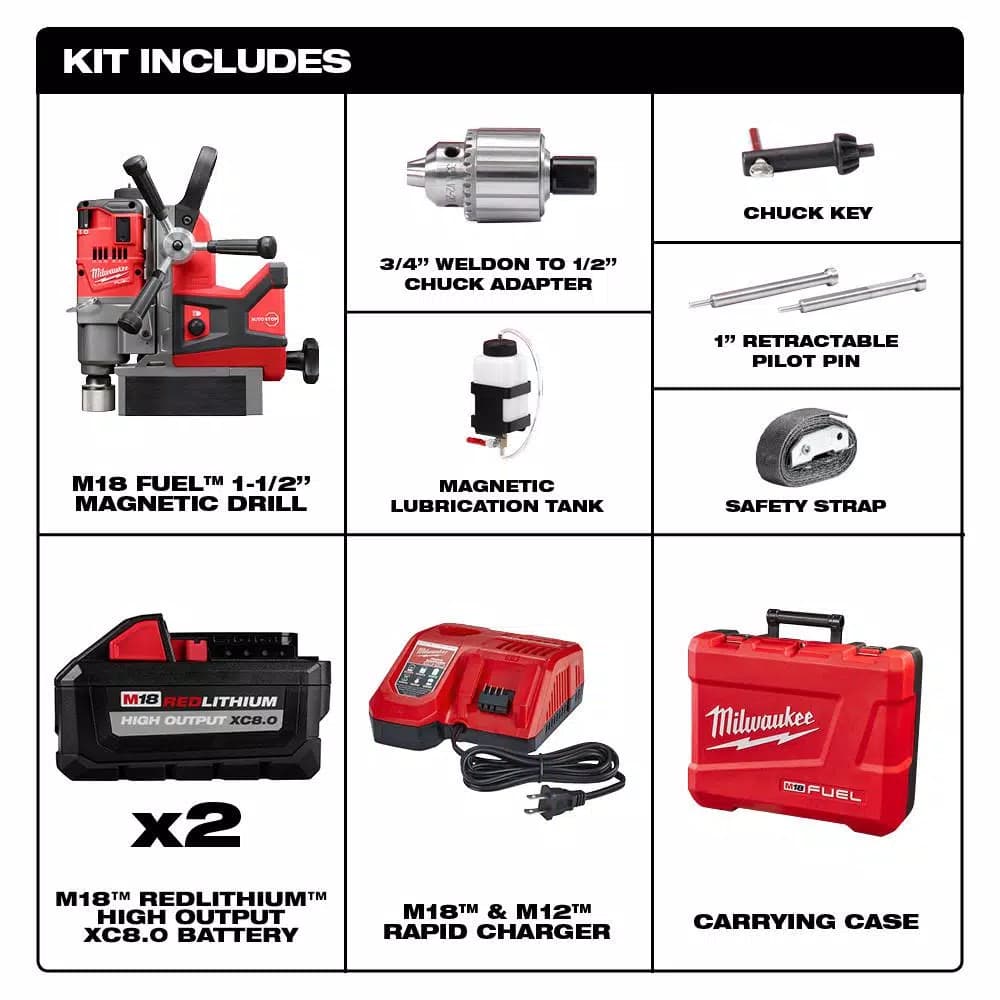 Milwaukee M18 FUEL 1-1/2 in. Magnetic Drill Kit with (2) 8.0 Ah Batteries and Charger