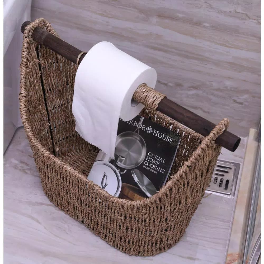 Unbranded Seagrass Magazine and Toilet Paper Holder Basket with Wooden Rod - Natural