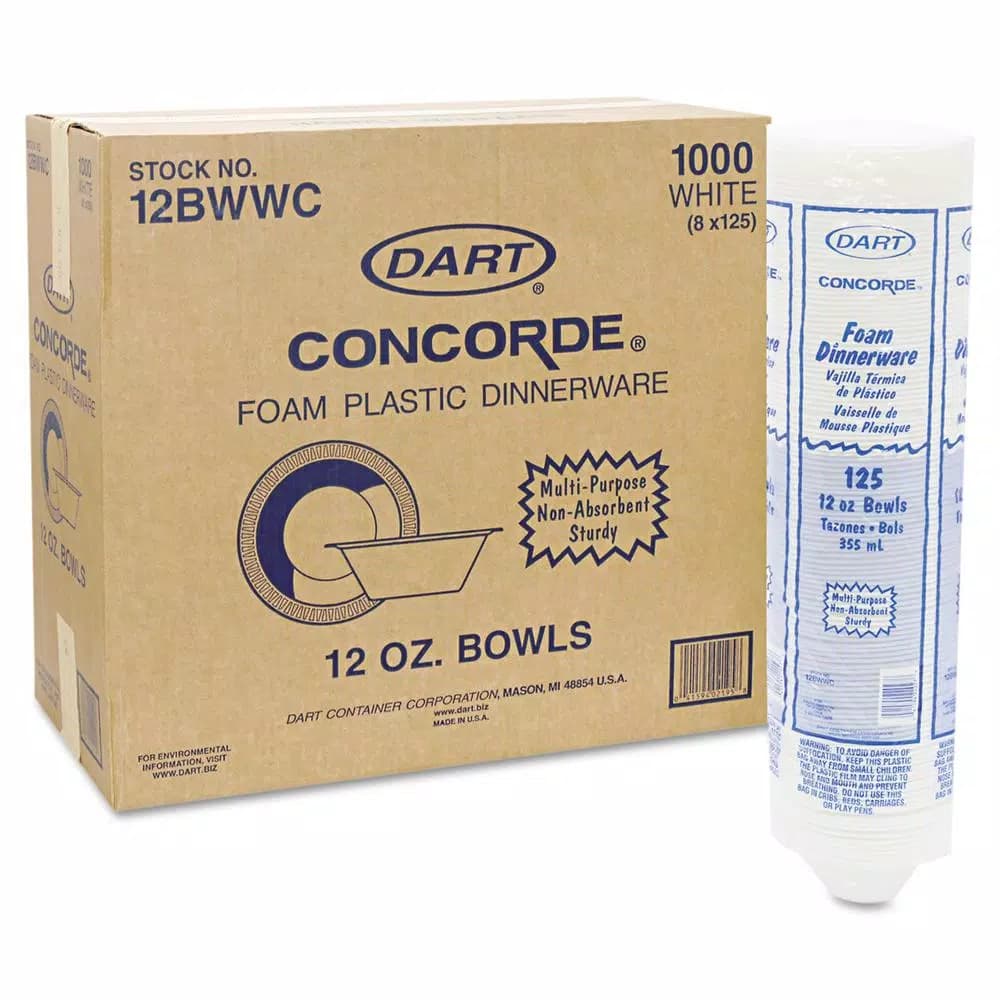 DART Concorde 10 oz. White Foam Bowls, Non-Laminated, 1000 Count