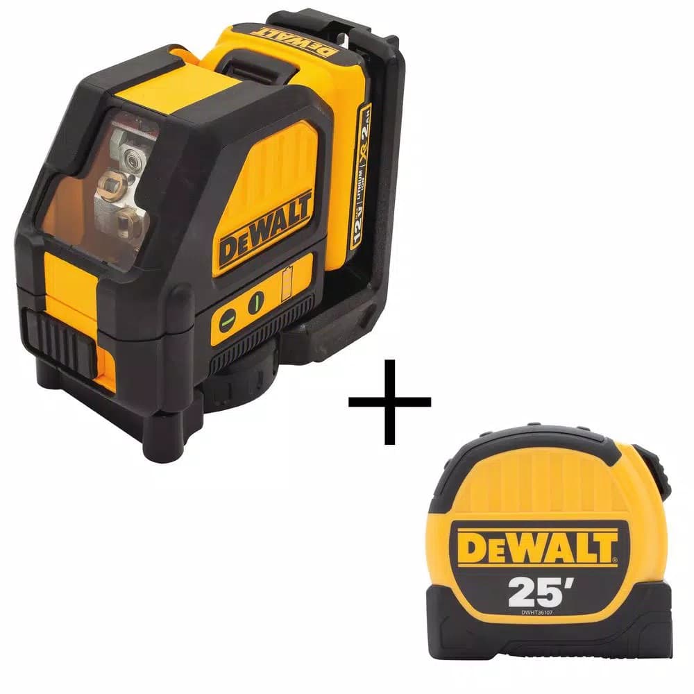 DeWalt 12V MAX Green Self-Leveling Cross-Line Laser Level with 25 ft. Tape Measure Bonus