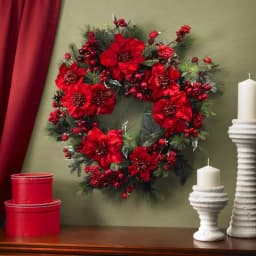 Nearly Natural 24 in. Artificial Poinsettia and Pine Wreath with Berries and Pine Cones, Red thumbnail 2