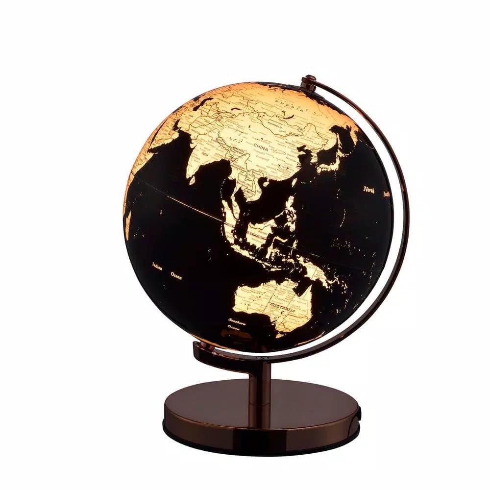 Unbranded 12.5 in. Black and Gold Topographical LED Globe with Rose Gold Metal Frame