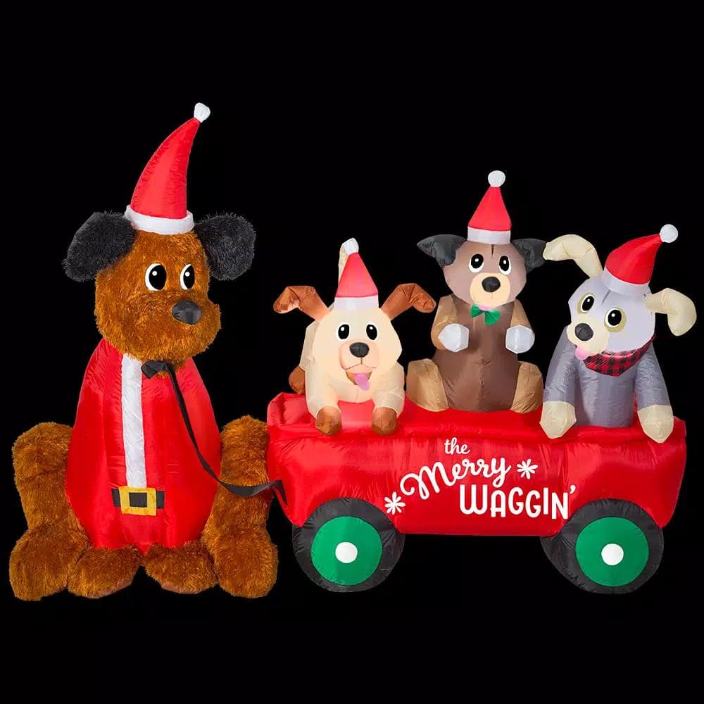 Home Accents Holiday 7 ft. W Pre-Lit Inflatable Christmas Puppy Wagon Scene with LED Lights