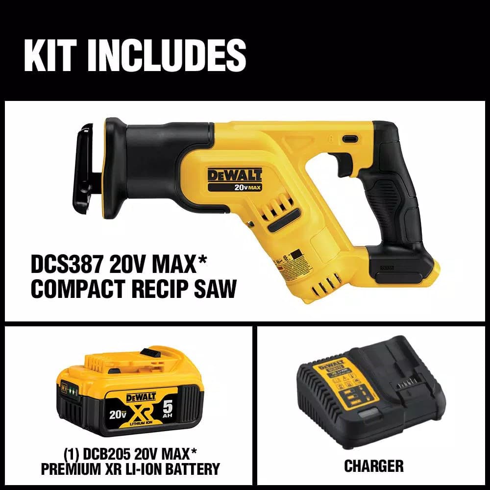 DEWALT 20V MAX Cordless Compact Reciprocating Saw Kit with 5Ah Battery, Charger, and Bag