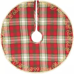 VHC Brands 21 in. HO Holiday Cherry Red Plaid Cotton Christmas Tree Skirt with Gold Embroidery thumbnail 1