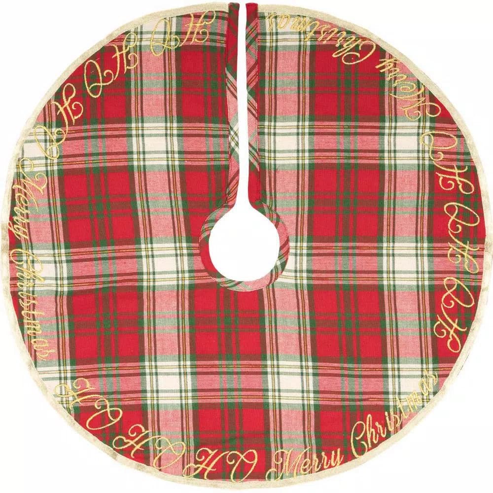 VHC Brands 21 in. HO Holiday Cherry Red Plaid Cotton Christmas Tree Skirt with Gold Embroidery