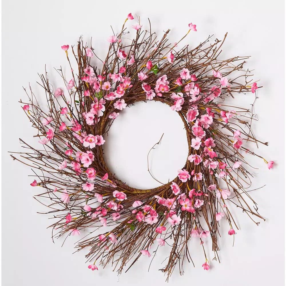 Unbranded 22 in. Pink Cherry Blossom Wreath on Natural Twig Base