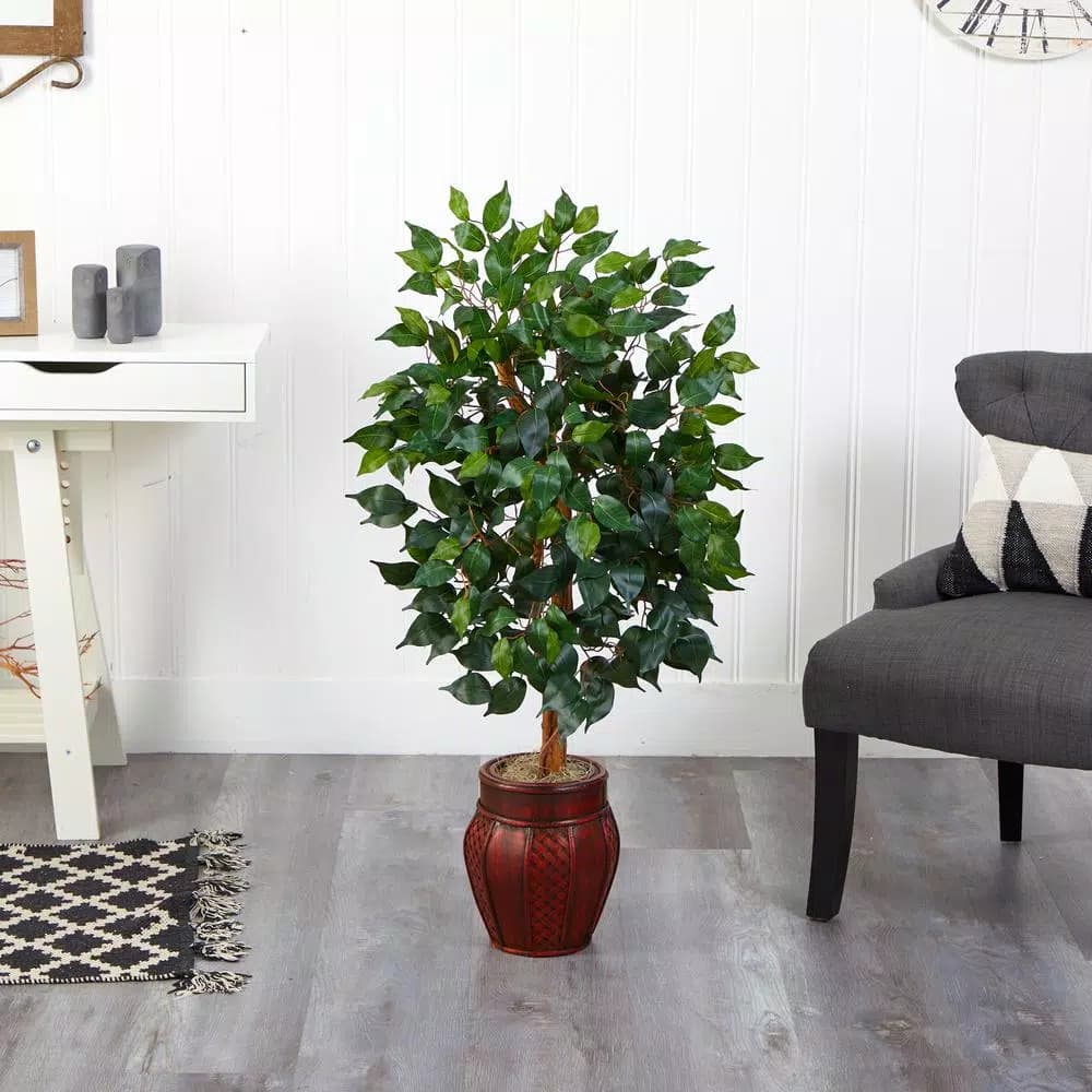 Nearly Natural 44 in. Artificial Ficus Tree with Decorative Wicker Planter